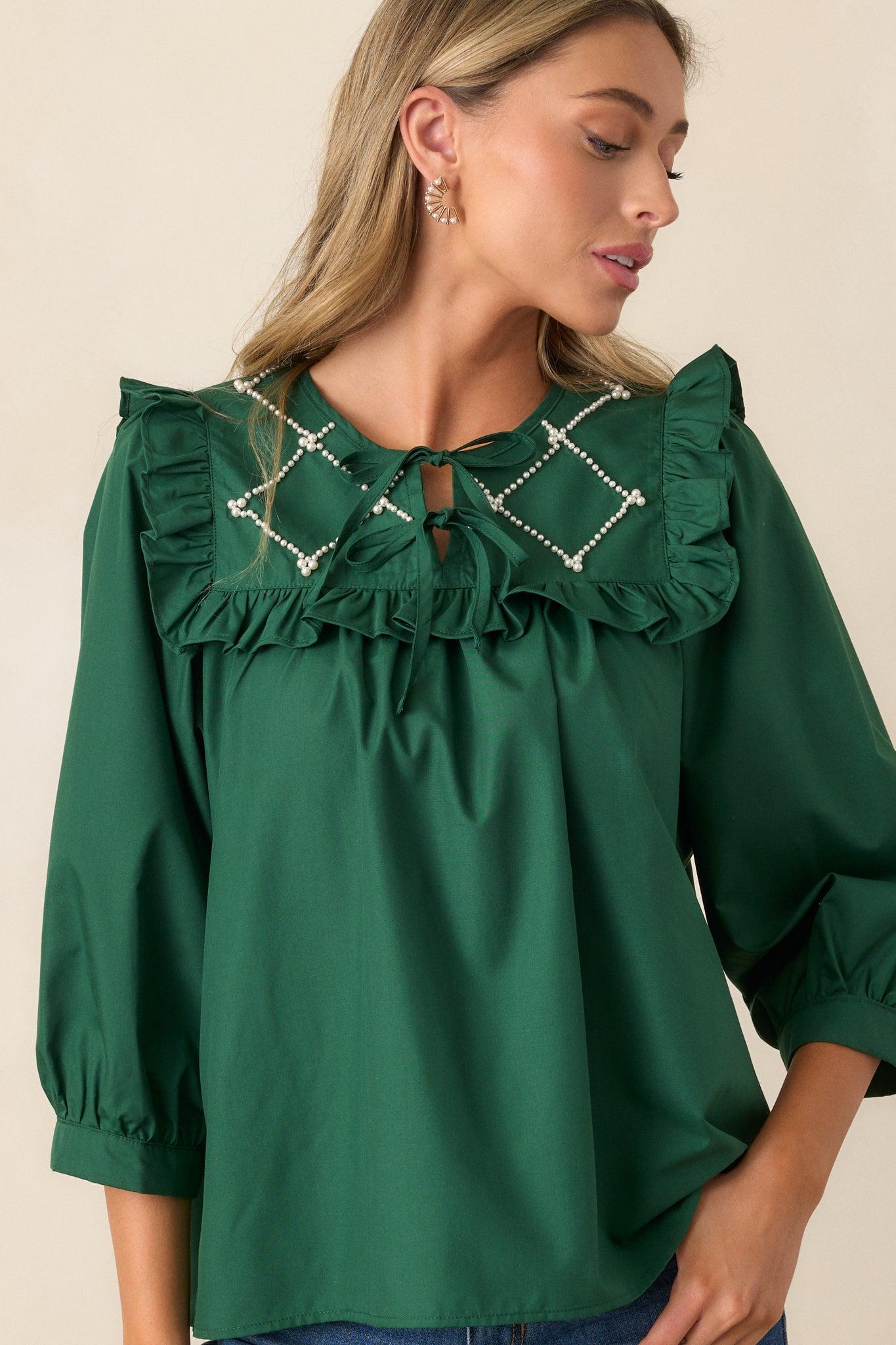 It Happens Hunter Green Ruffle Puff Sleeve Top Product Image