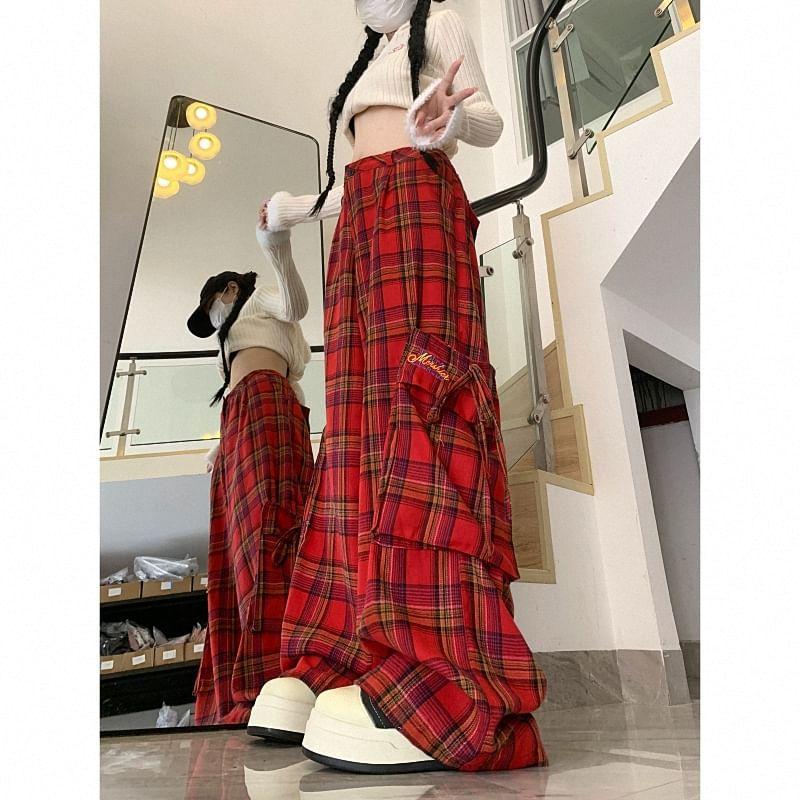 High Waist Plaid Wide Leg Cargo Pants Product Image