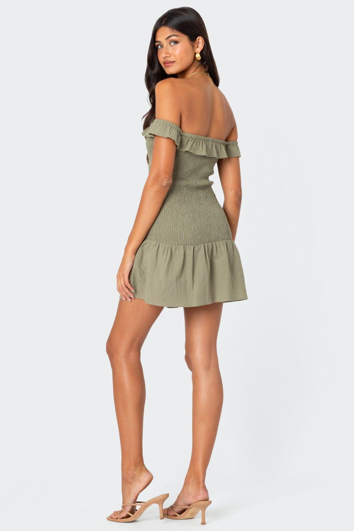 Off Shoulder Scrunched Linen Look Mini Dress Product Image