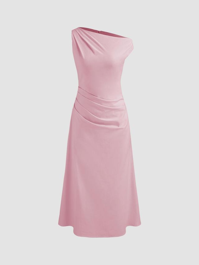 Asymmetrical Neck Solid Ruched Maxi Dress Product Image