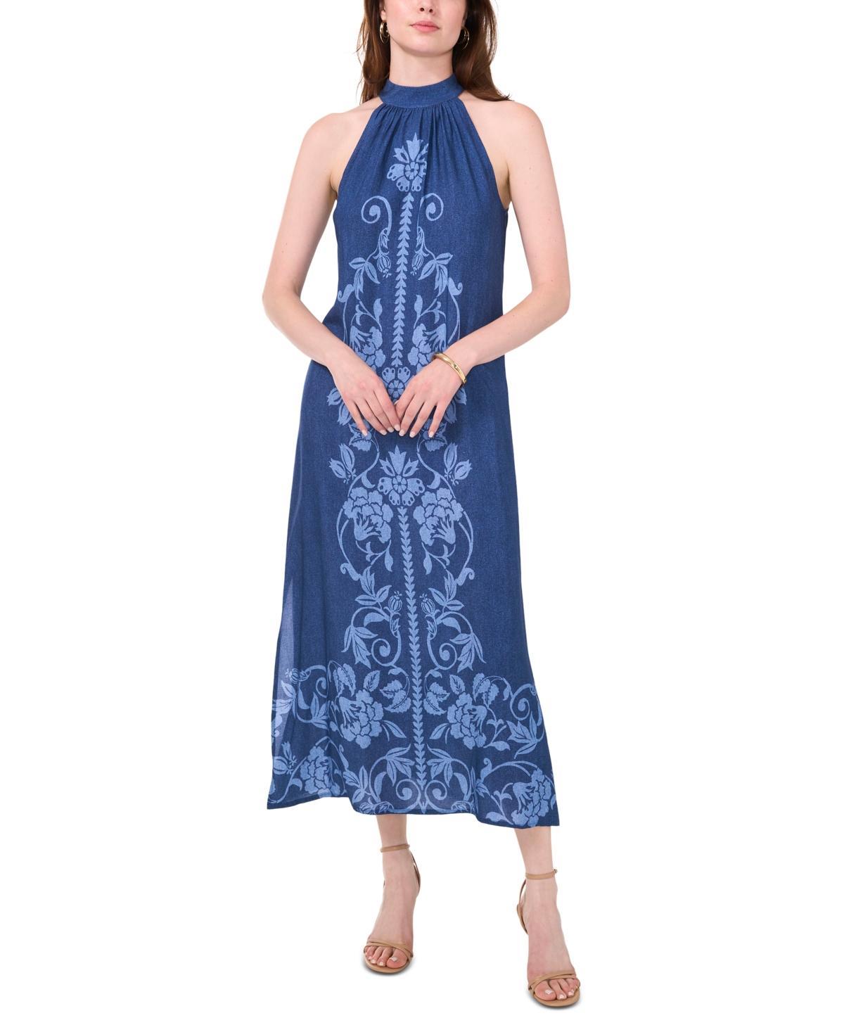 Msk Womens Tie-Back Halter Mock Neck Maxi Dress - Denim Product Image