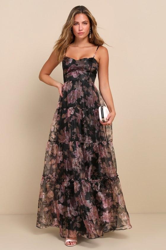 Exclusive Glamour Black Floral Organza Tiered Maxi Dress Product Image