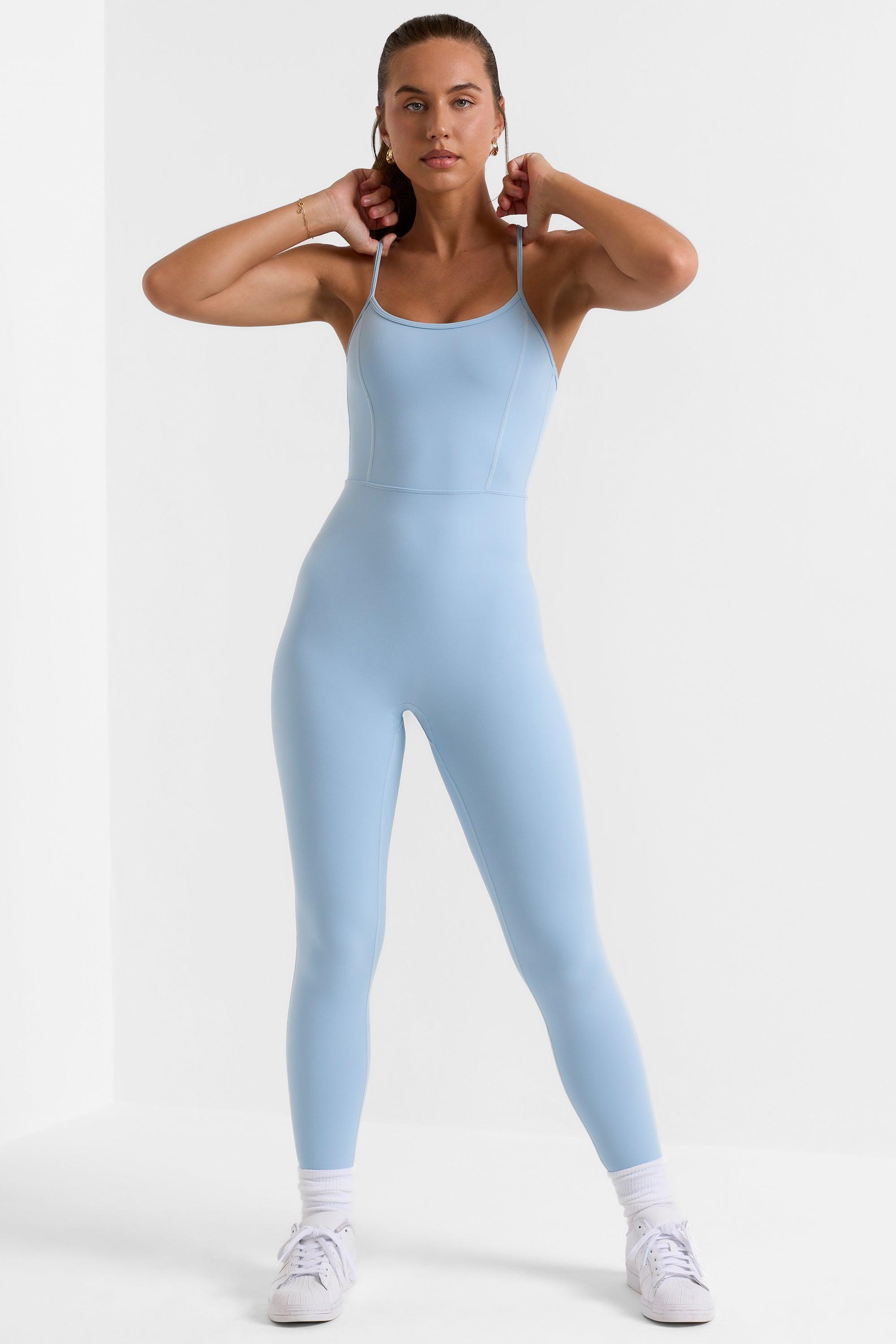 Petite Open Back Full Length Unitard in Ice Blue Female Product Image