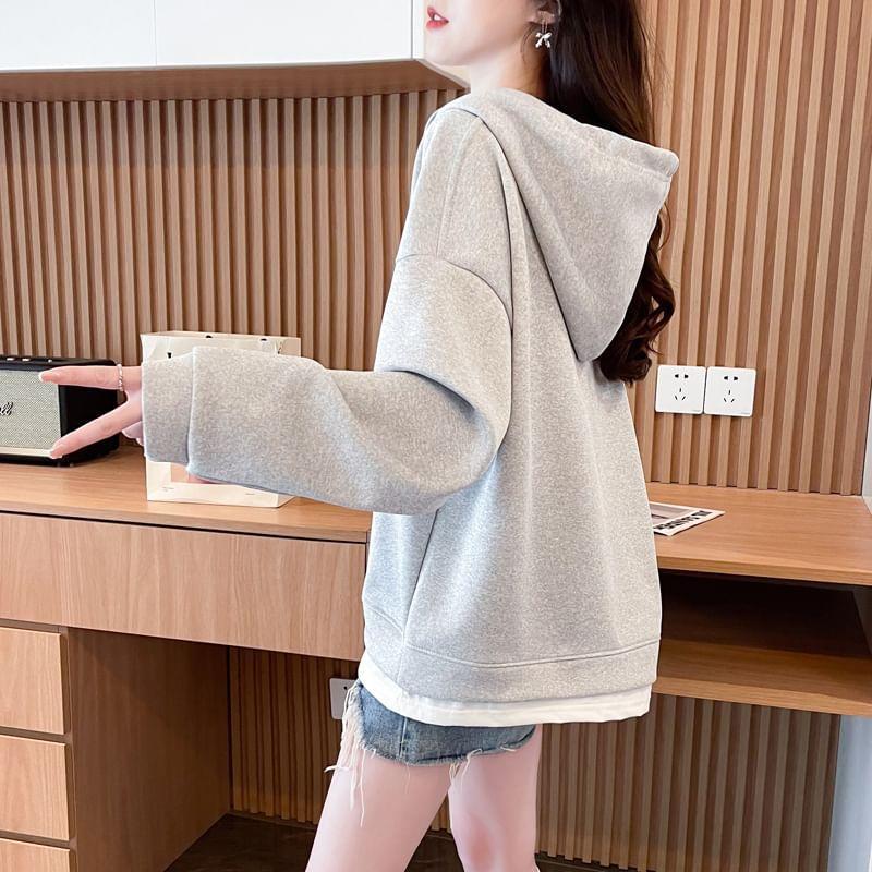 Mock Two-Piece Round Neck Two Tone Drawstring Hoodie Product Image