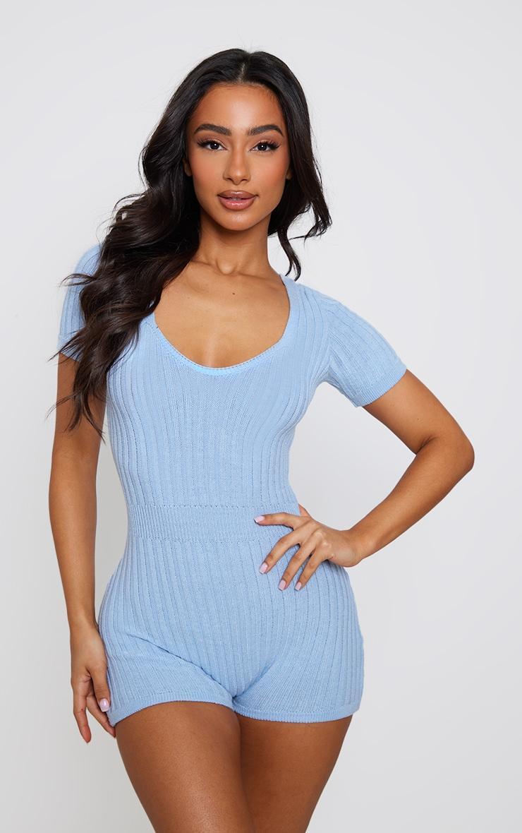  Petite Blue Short Sleeve Knitted Romper Product Image