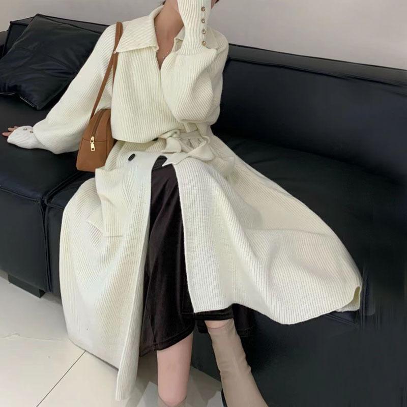 Lapel Collar Plain Tie Waist Long Knit Coat Product Image