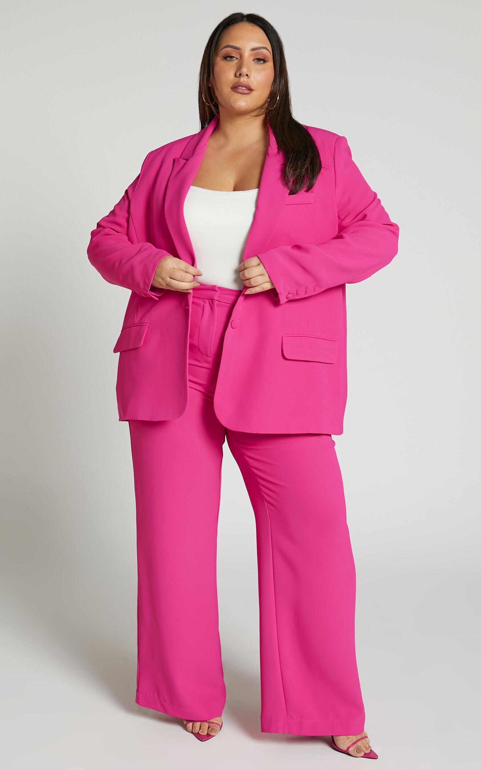 Michelle Blazer - Oversized Plunge Neck Button Up Blazer in Pink Product Image