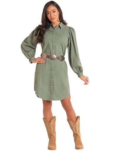 Rock & Roll Denim® Ladies' L/S Olive Western Snap Shirt Dress Product Image