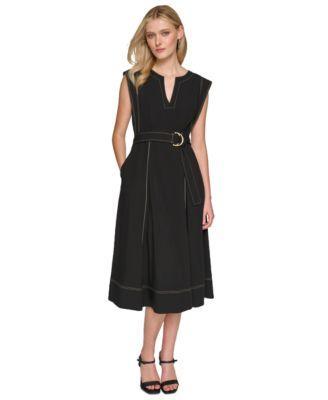 Women's Belted Cotton Midi A-Line Dress Product Image