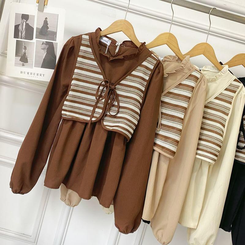 Long Sleeve Crew Neck Striped Mock Two Piece Blouse Product Image