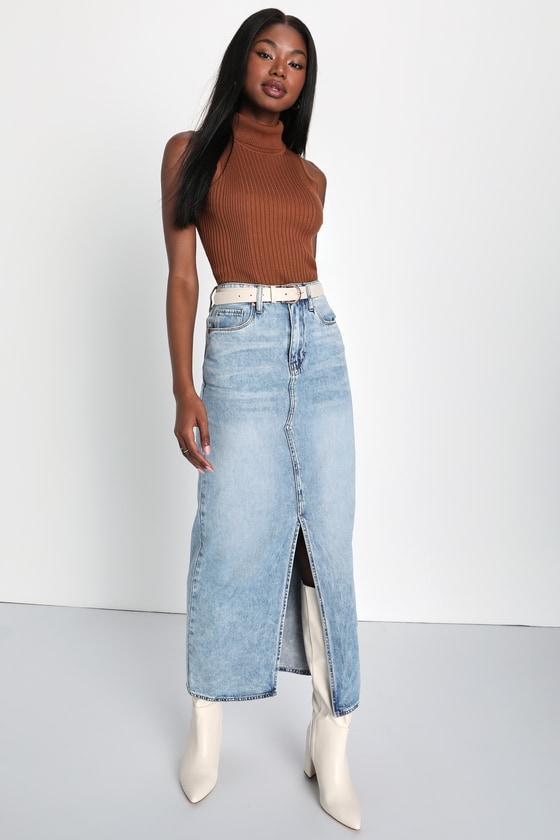 In My Mind Light Wash Denim High-Rise Maxi Skirt Product Image