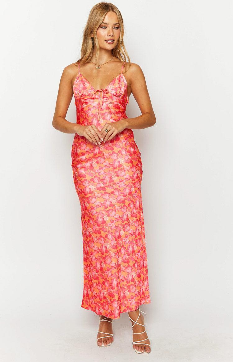 Jude Orange Floral Print Maxi Formal Dress Product Image