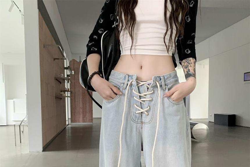 High Rise Lace-Up Washed Loose-Fit Wide-Leg Jeans Product Image