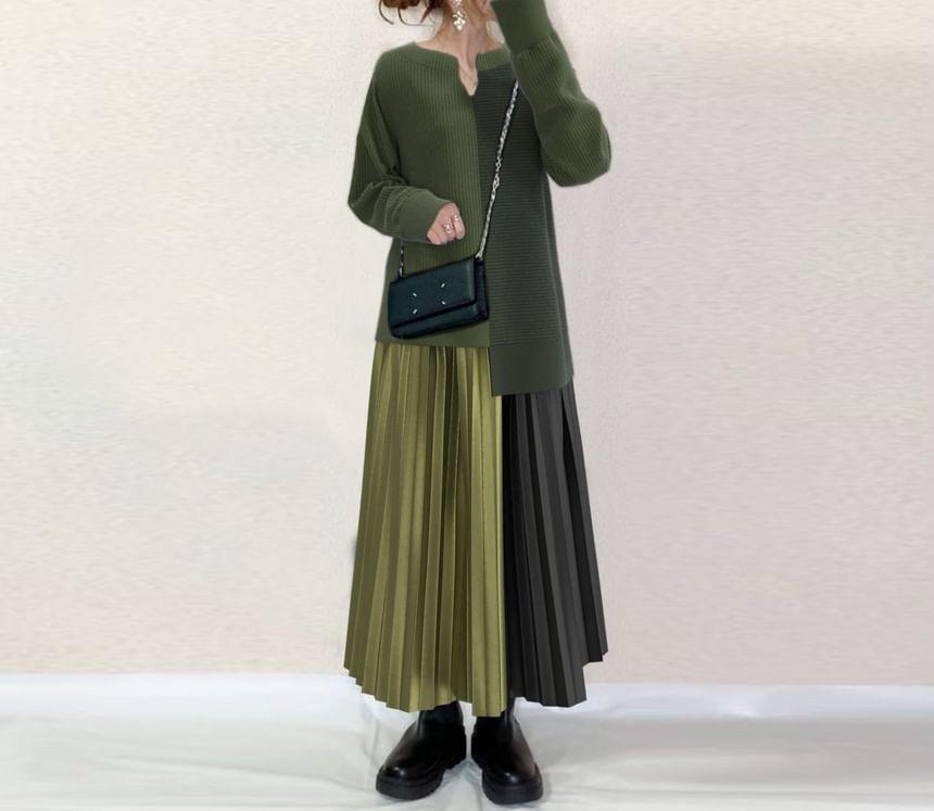 Set: Long-Sleeve Notch Neck Two Tone Asymmetrical Knit Top + High Rise Accordion Pleated Midi A-Line Skirt Product Image