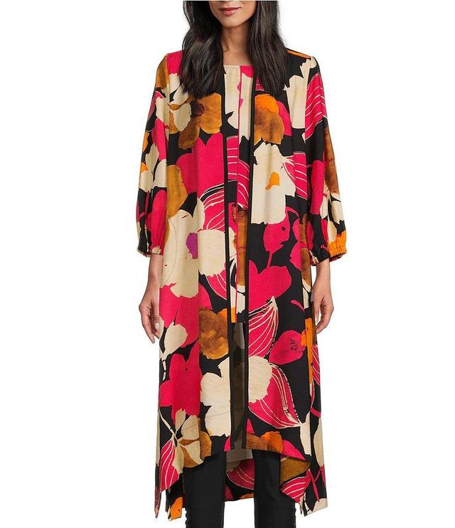 IC Collection Woven Floral Print 3/4 Sleeves Open Front Kimono Product Image