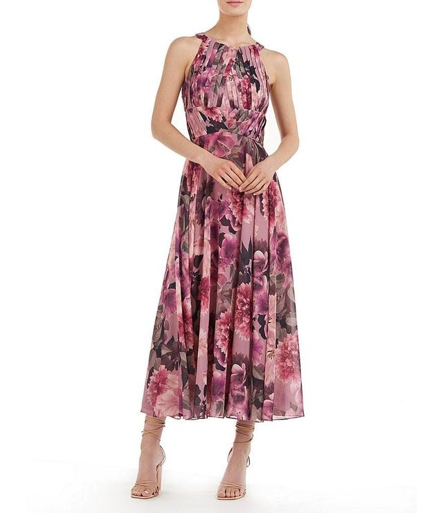 Kay Unger Floral Print Chiffon Halter Neck Pleated Midi Dress Product Image