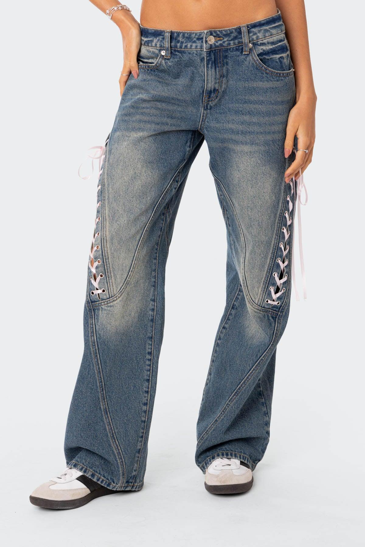 Low Rise Ribbon Lace Up Jeans Product Image