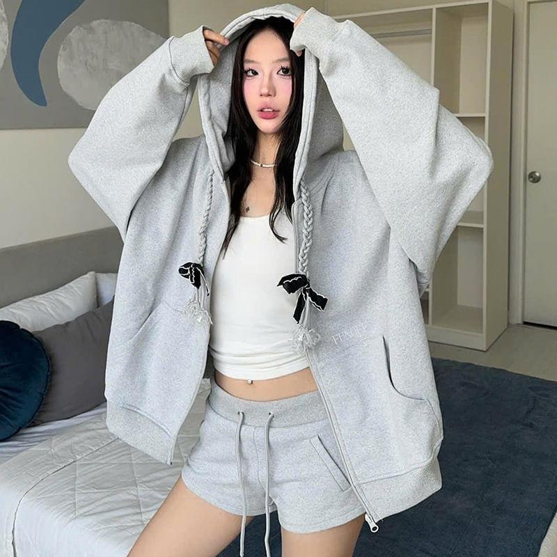 Ribbon Accent Zip-Up Hoodie Product Image