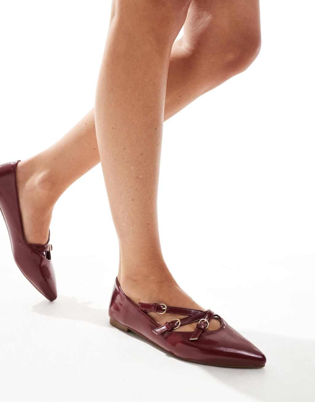 SEQWL pointed toe strappy ballet flats in burgundy product image