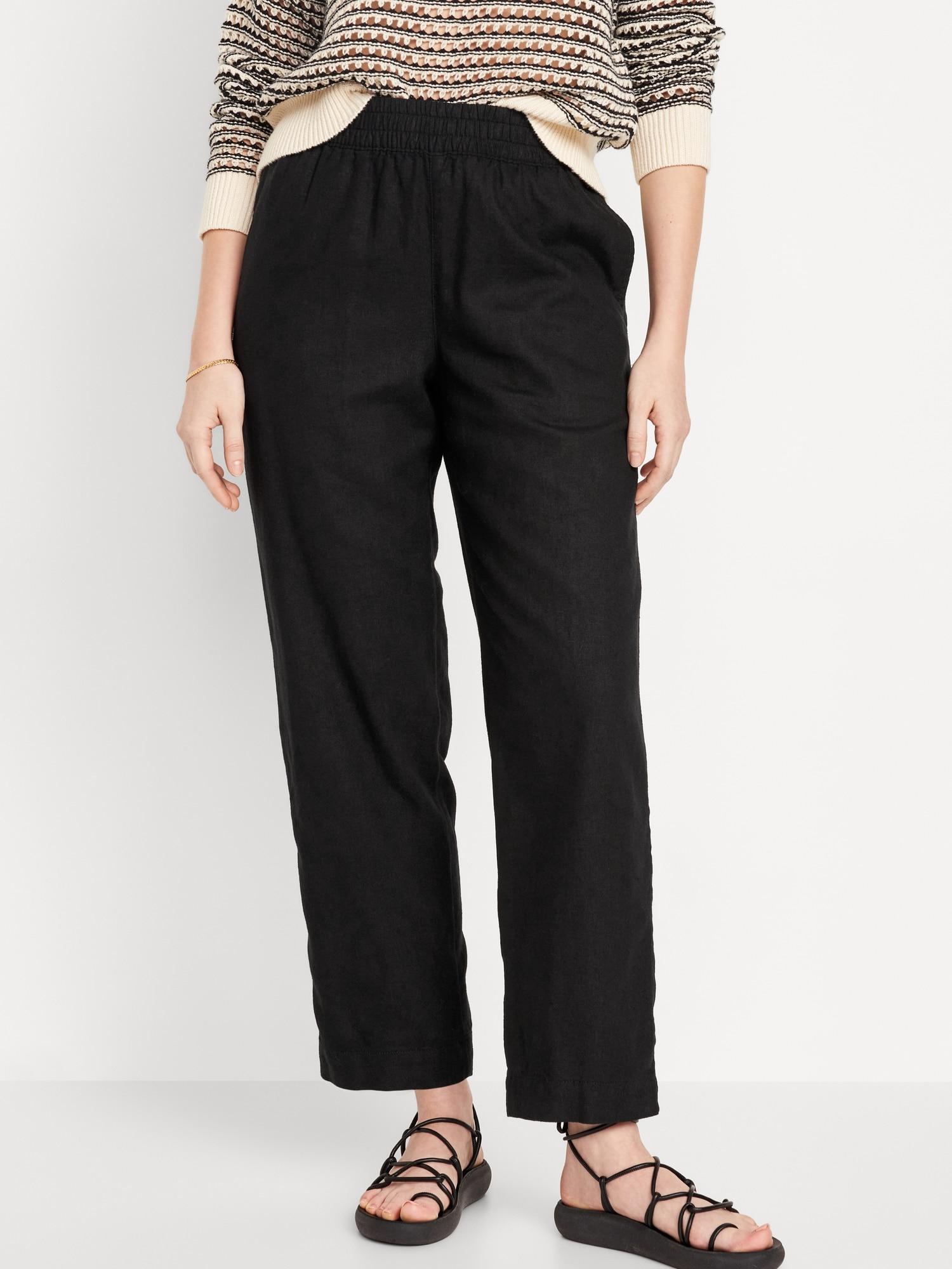 High-Waisted Linen-Blend Straight Pants Product Image