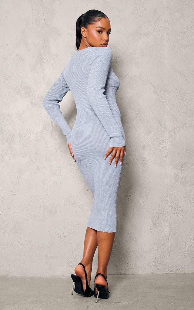 Grey V Neck Knit Midi Dress Product Image