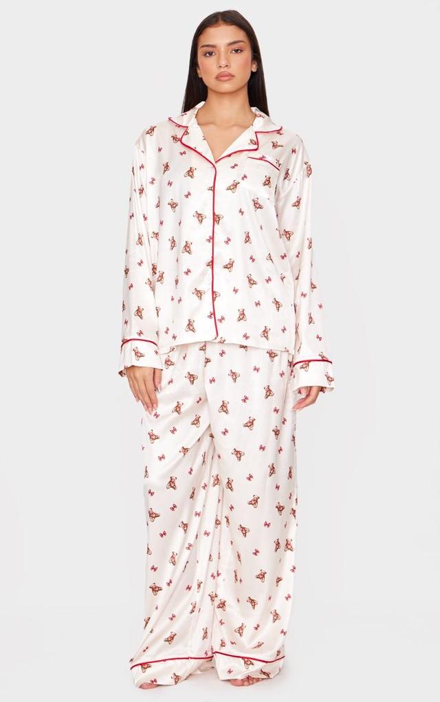 Cream Teddy Print Satin Long Pj Set Product Image