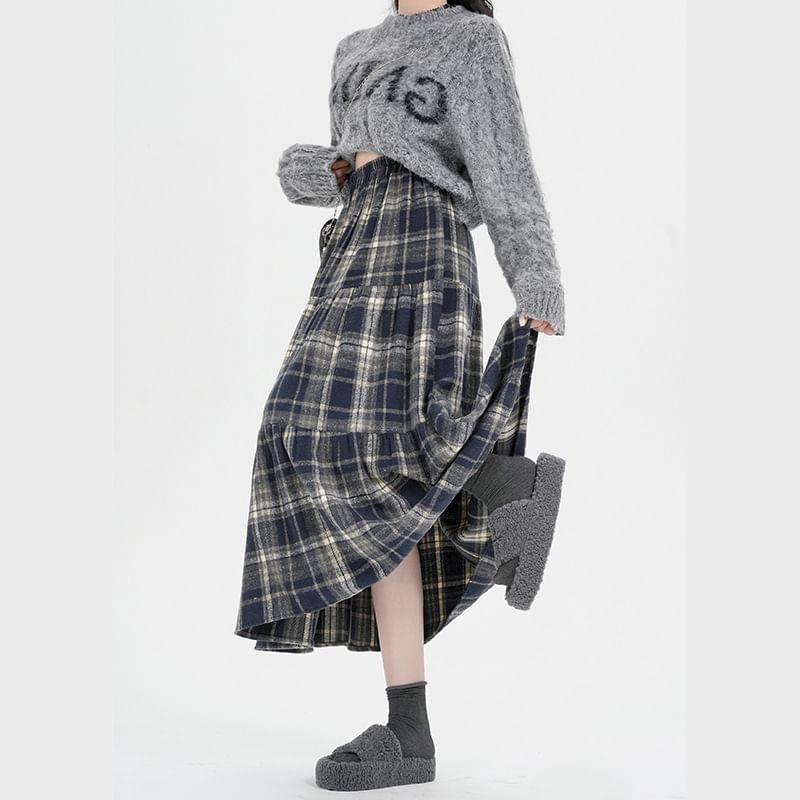 High Rise Plaid Midi A-Line Skirt Product Image