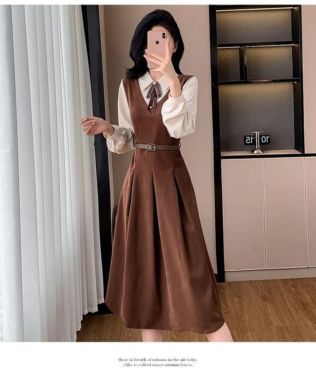 Long-Sleeve Collared Mock Two Piece Midi A-Line Dress Product Image