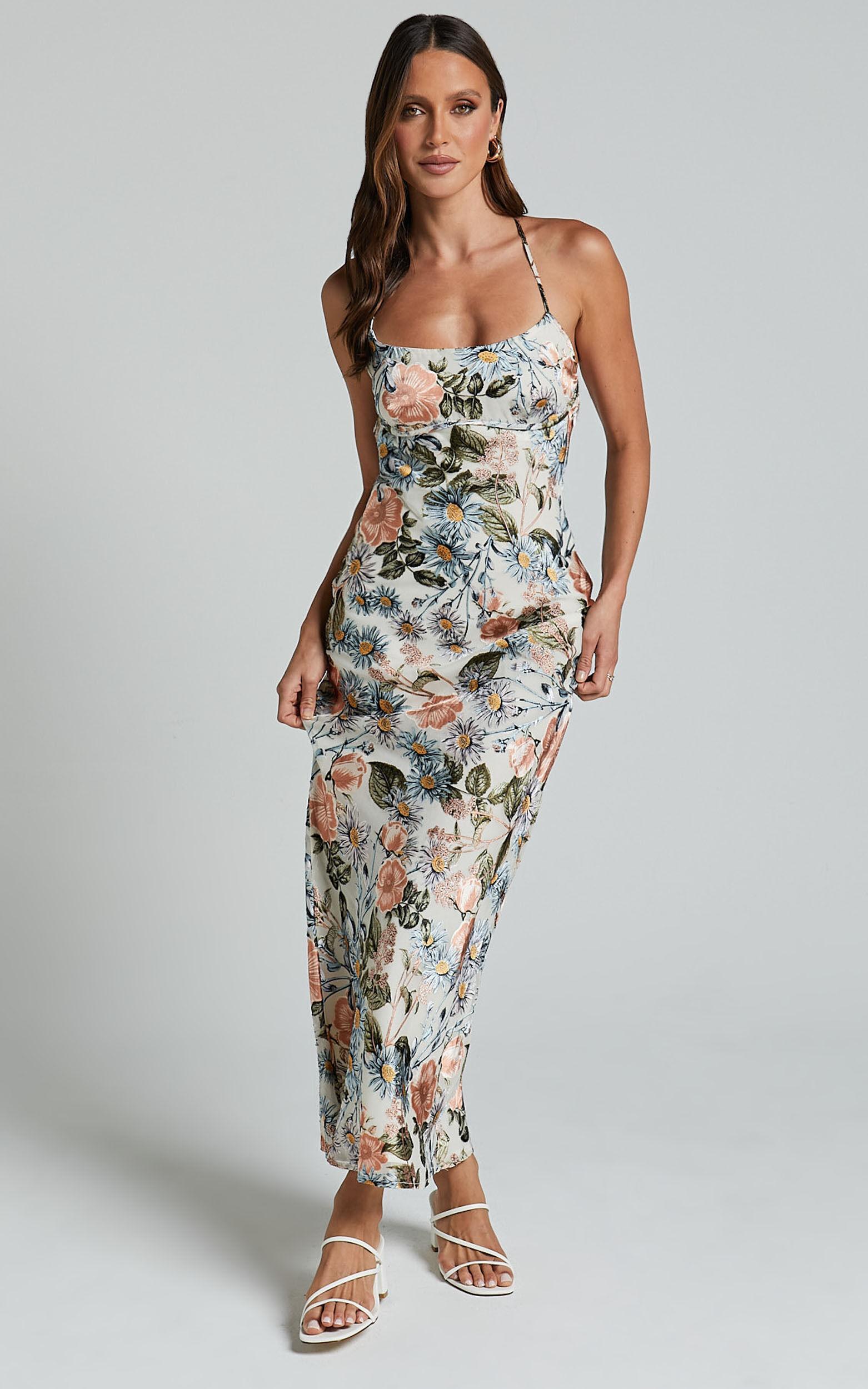 Constanzie Maxi Dress - Open Tie Back Dress in Peach Floral Product Image