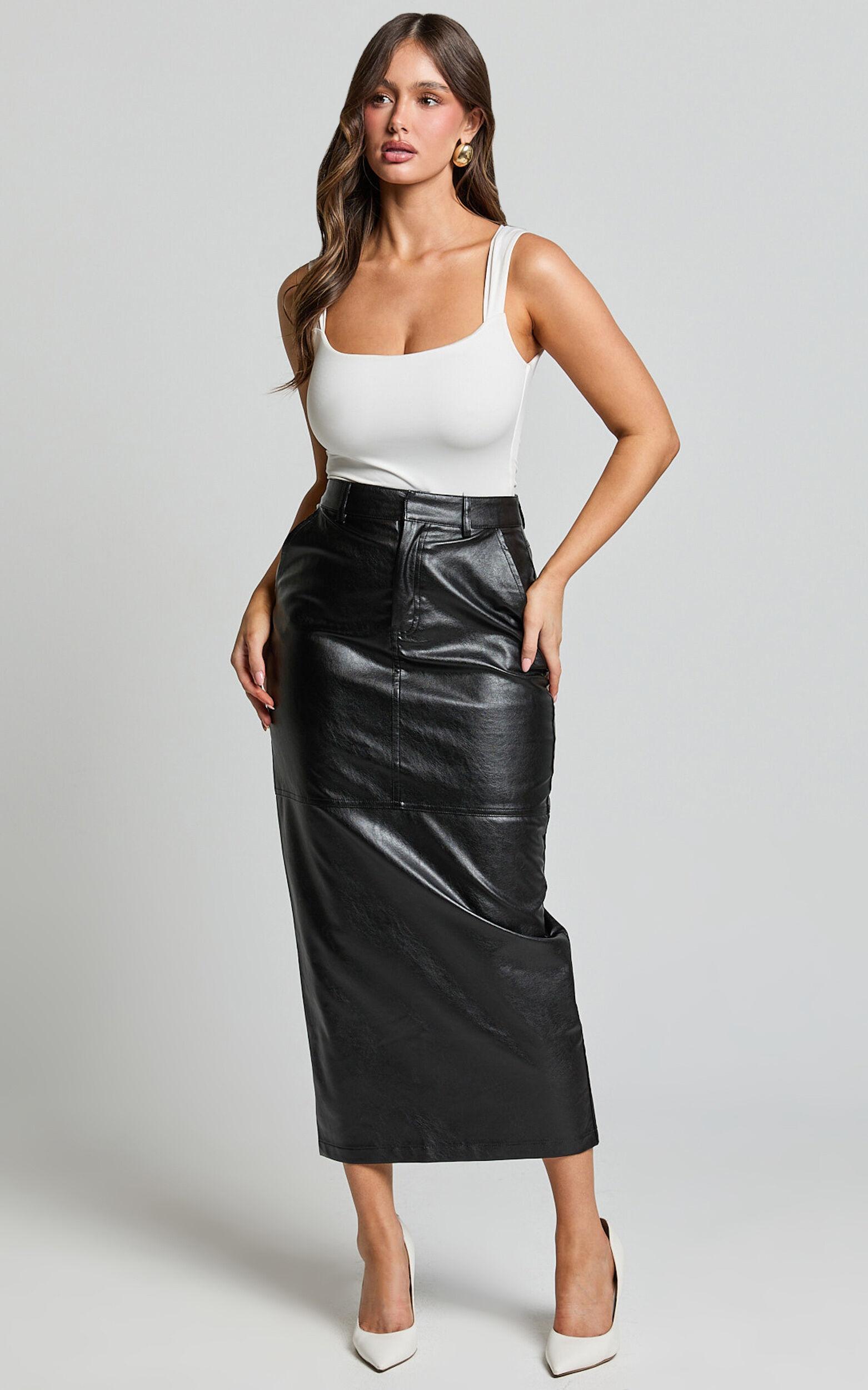 Victoria Midi Skirt - Mid Waisted Back Split Faux Leather Skirt in Black Product Image