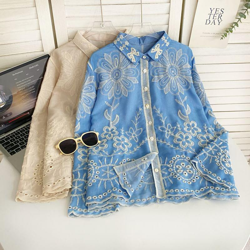 Long-Sleeve Collared Floral Embroidered Eyelet Button-Up Blouse Product Image