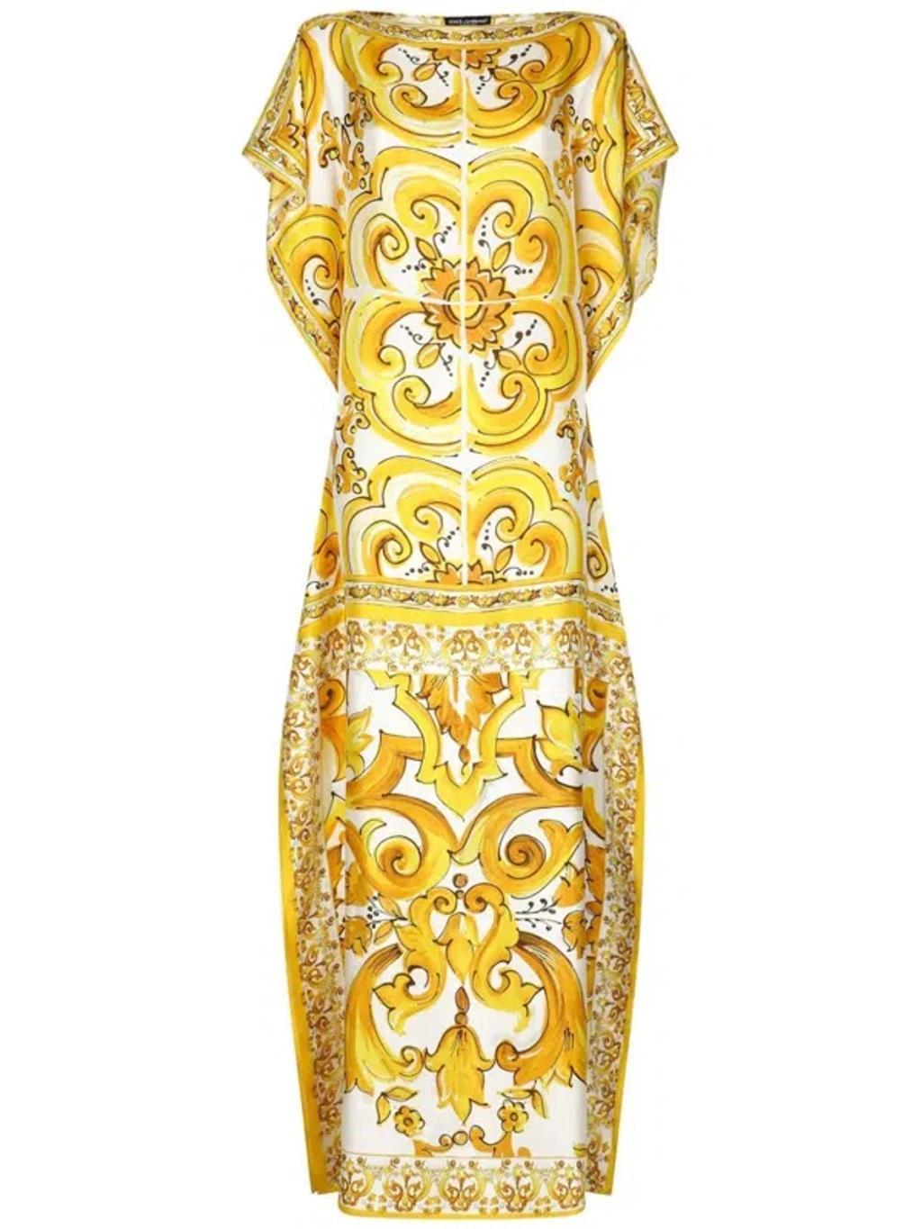 Silk Twill Caftan With Majolica Print In Yellow Product Image