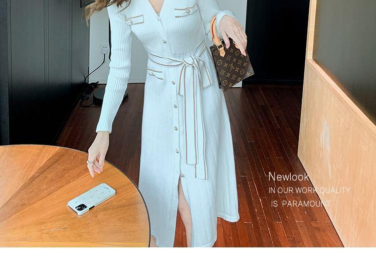 Long-Sleeve V-Neck Contrast Trim Button Ribbed Midi A-Line Knit Dress Product Image