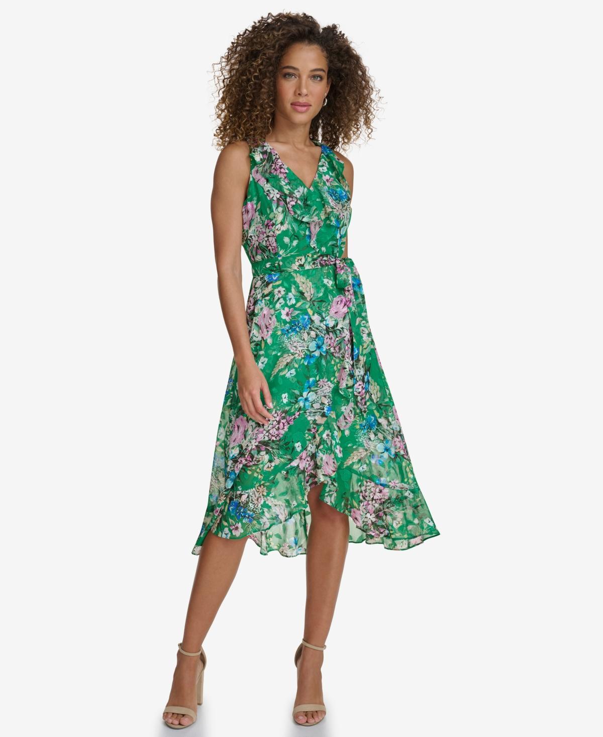 kensie Womens Floral-Print Ruffled Sleeveless Midi Dress Product Image