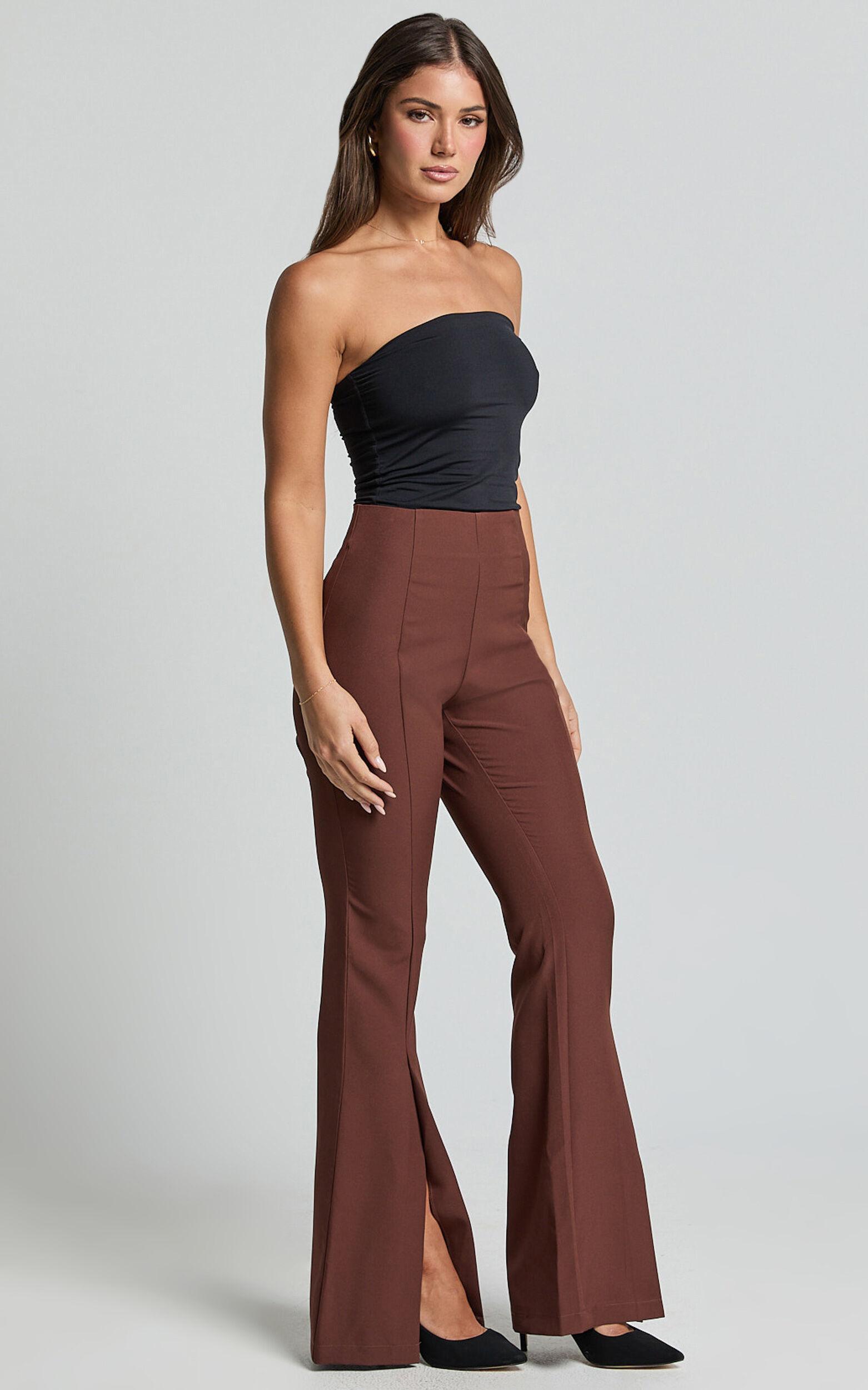 Volta Pants - Front High Waisted Split Boot Leg Kick Out Pants in Chocolate Product Image