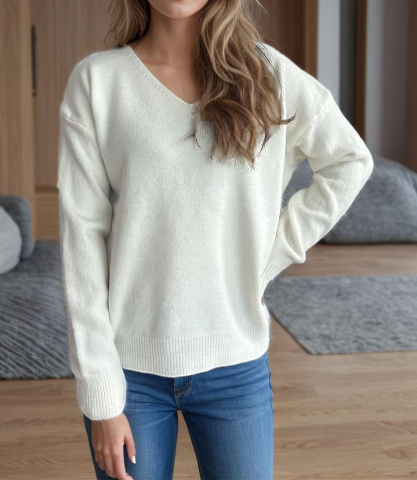 V-Neck Plain Sweater Product Image