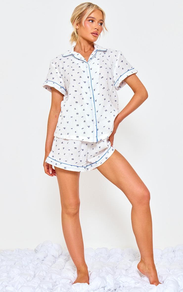 White Ditsy Floral Double Gauze Short Sleeve Shirt And Short Pj Set Product Image