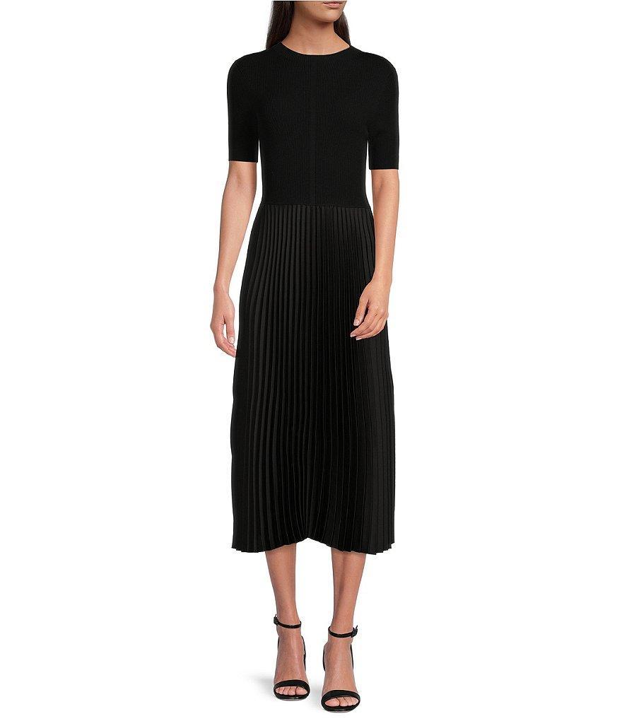 BOSS by HUGO BOSS Fadrid Mixed Media Knit And Woven Round Neck Short Sleeve Pleated Midi Dress Product Image