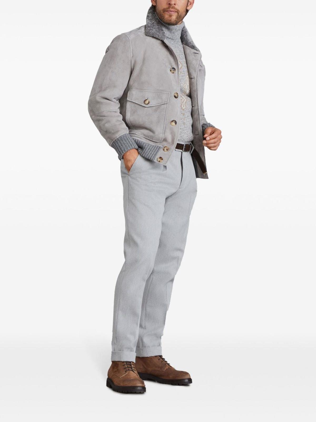 BRUNELLO CUCINELLI Shearling-collar Suede Jacket In Grey Product Image