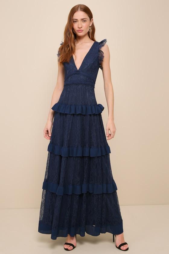 Marvelous Darling Navy Blue Lace Ruffled Tiered Maxi Dress product image