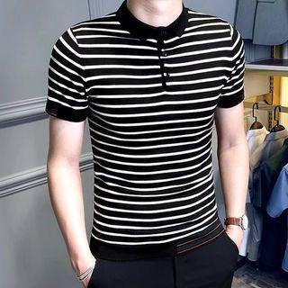 Short-Sleeve Striped Polo Knit Top Product Image