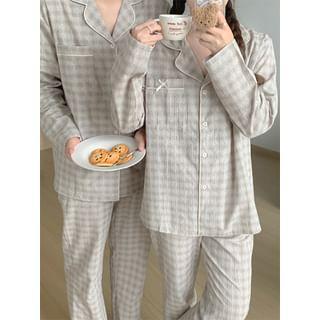 Couple Matching Pajama Set: Long Sleeve Collared Plaid Shirt + Straight Leg Pants (Various Designs) Product Image