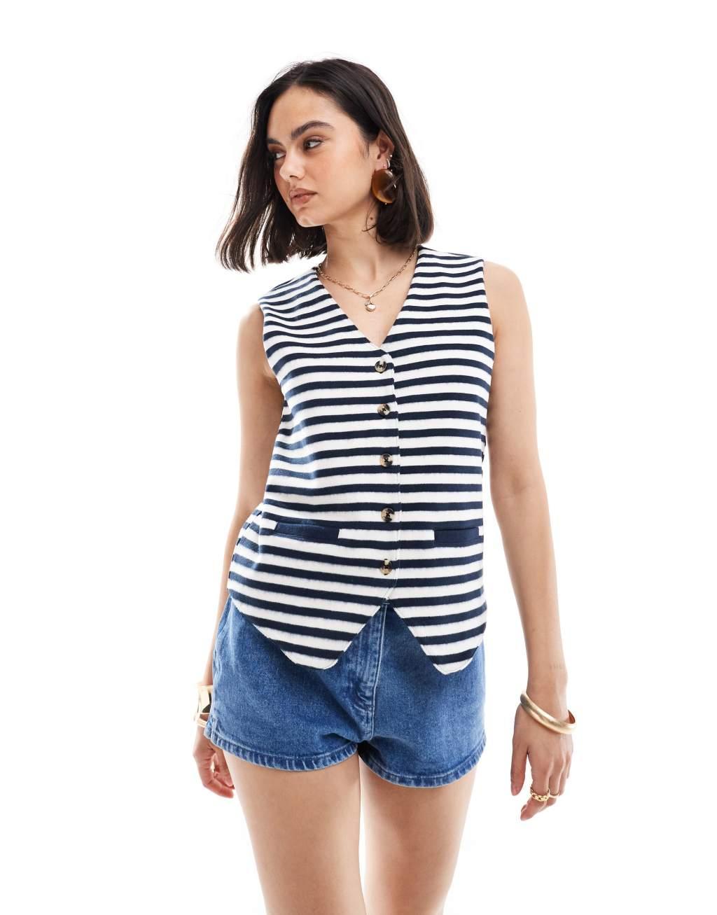 ASOS DESIGN supersoft button up jersey vest in navy and white stripe product image