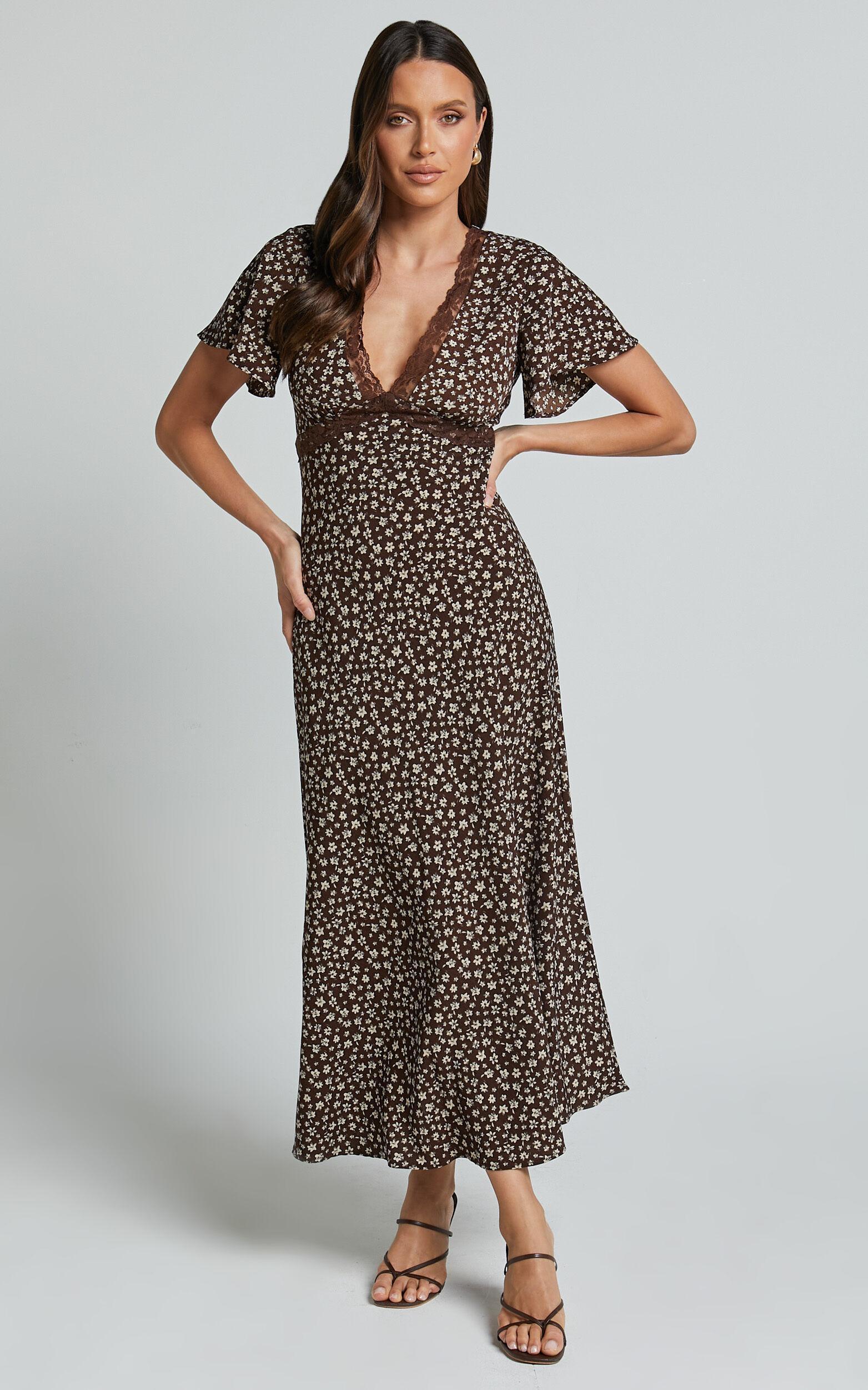 Vanya Midi Dress - V Neck Short Sleeve Lace Trim Tie Back Slip Dress in Chocolate Floral Product Image