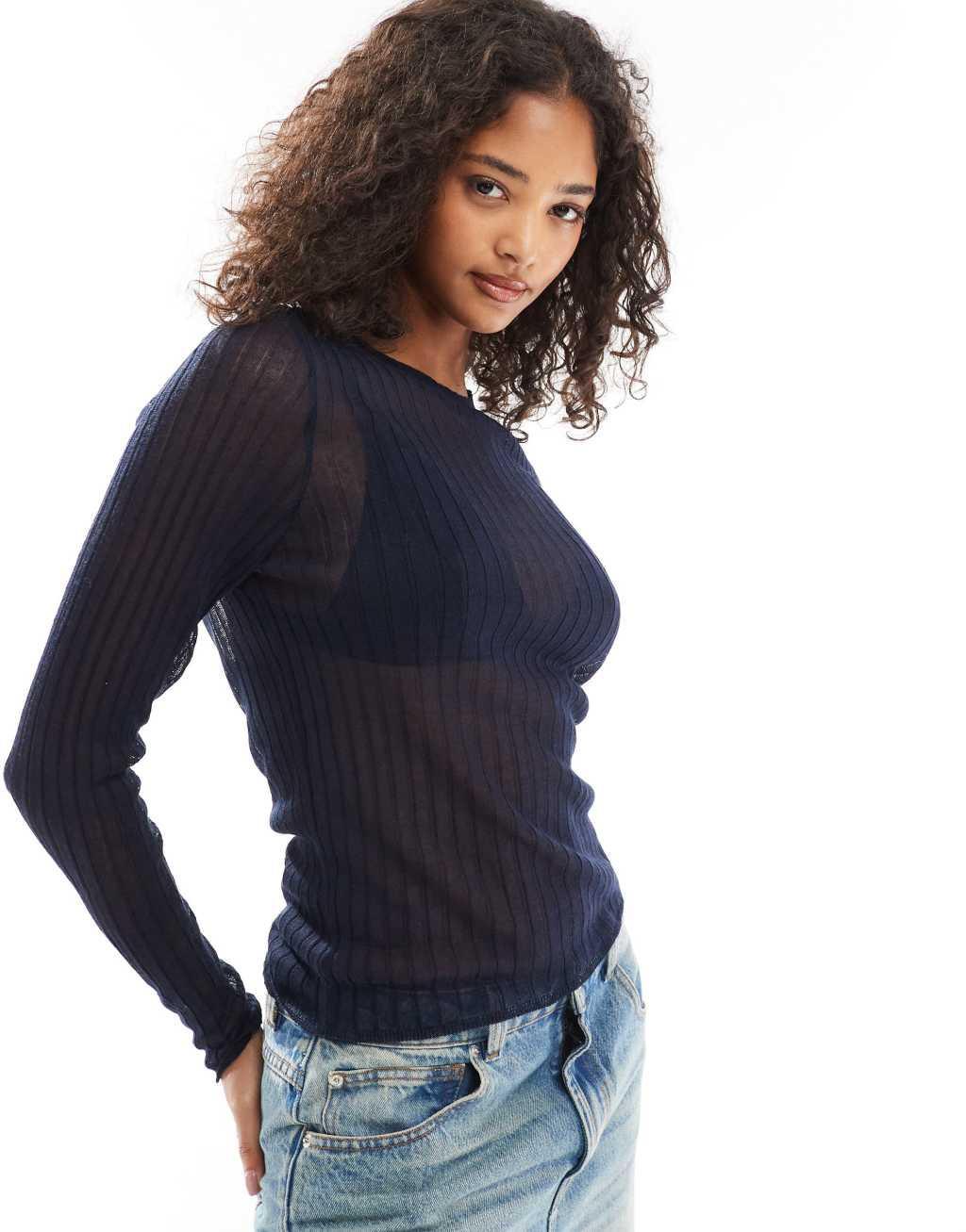 ASOS DESIGN knit sheer funnel neck top in navy Product Image