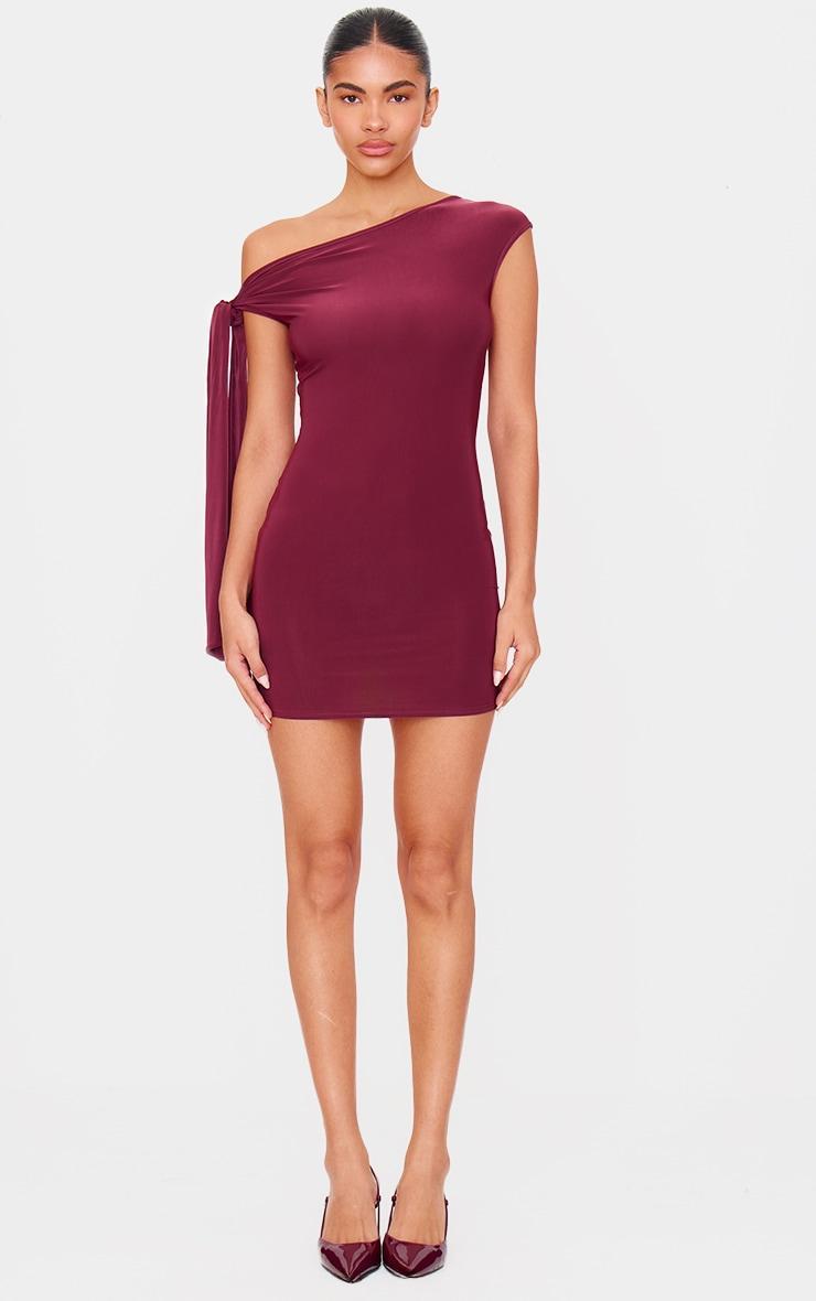 Plum Slinky Asymmetric Tie Shoulder Mini Dress Product Image