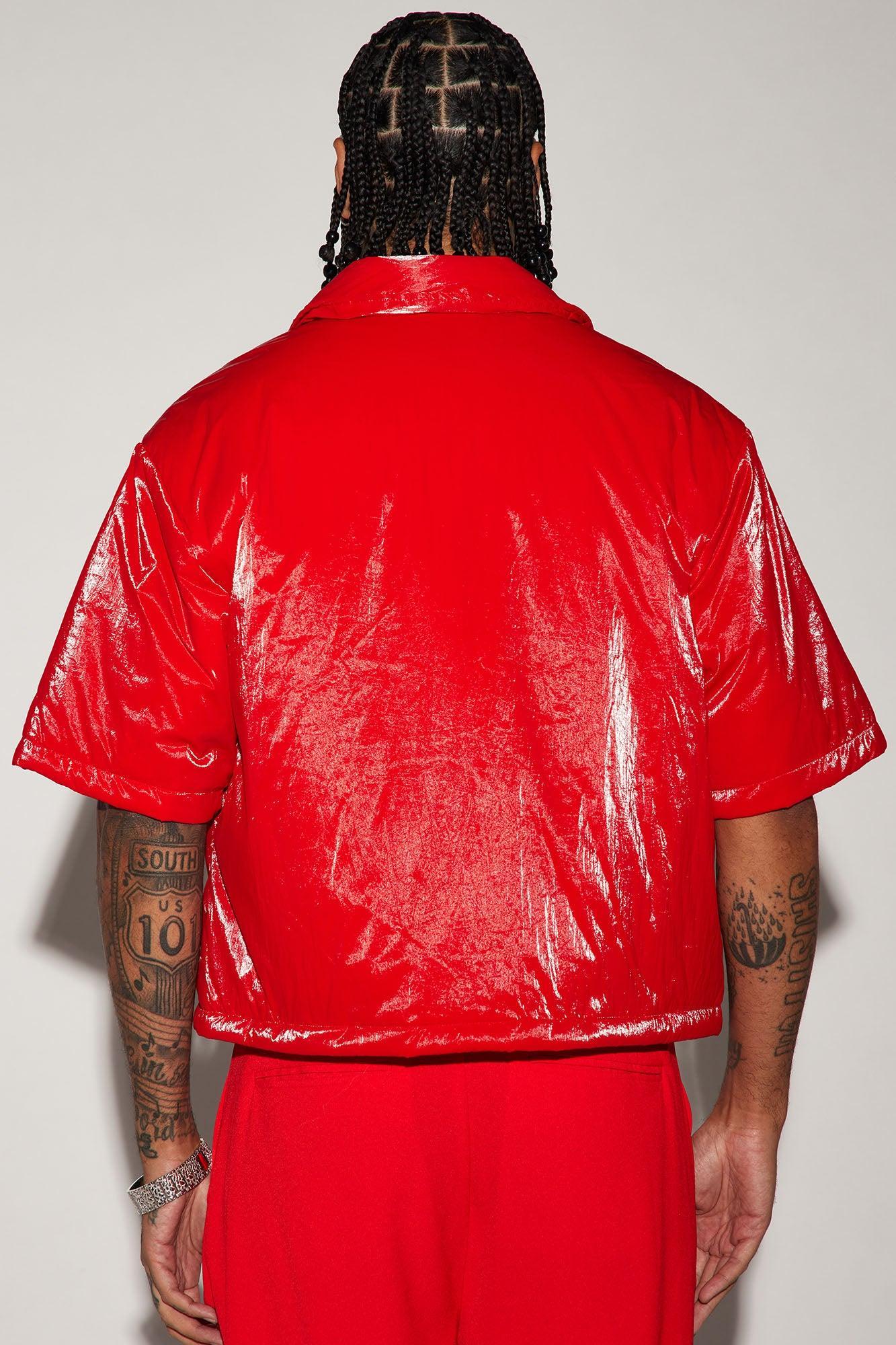 Aston Shine Nylon Puffer Cropped Shacket - Red Product Image