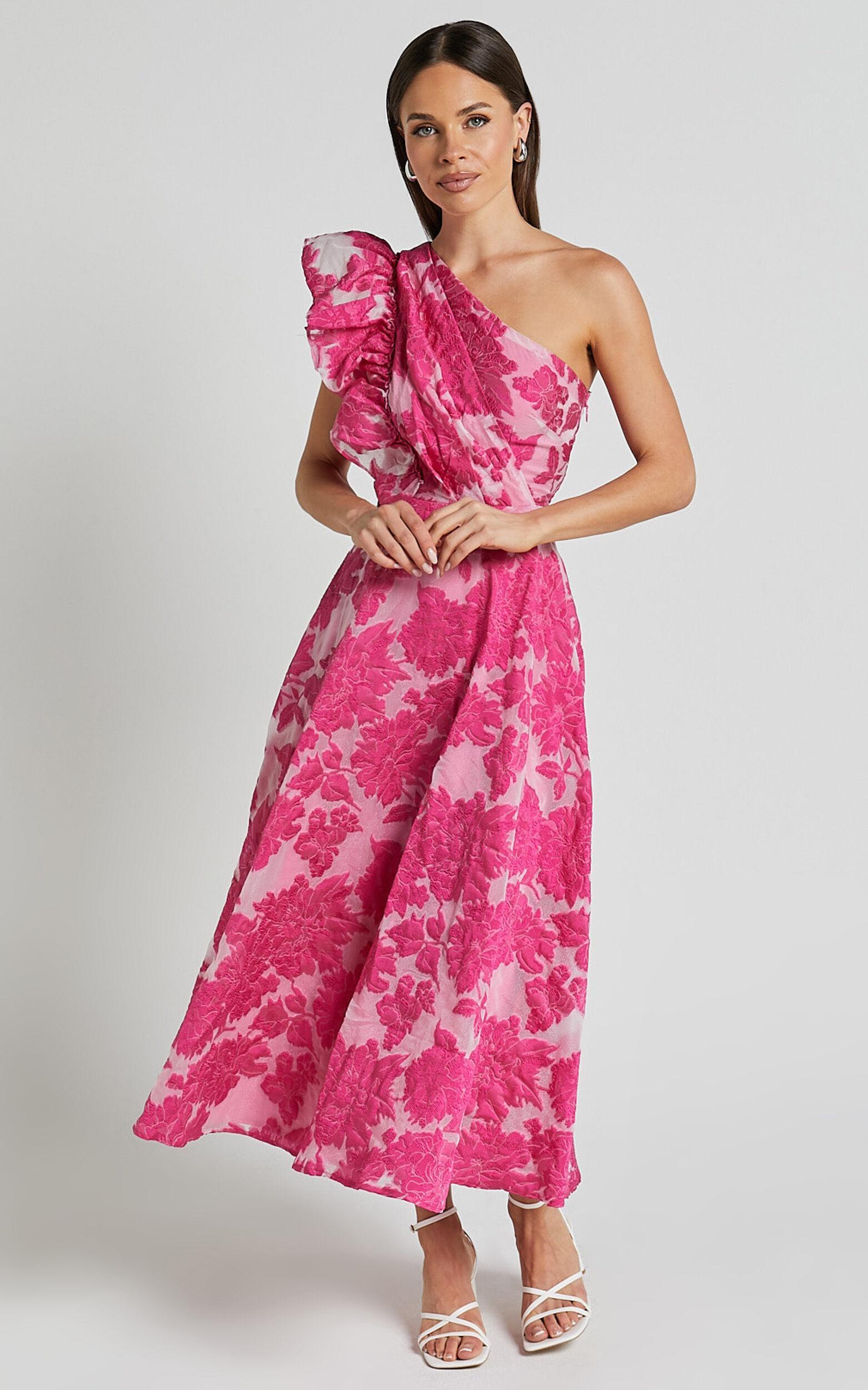 Alfreda Midi Dress - One Shoulder Ruffle Detail Brailey Jacquard Dress in Pink Product Image