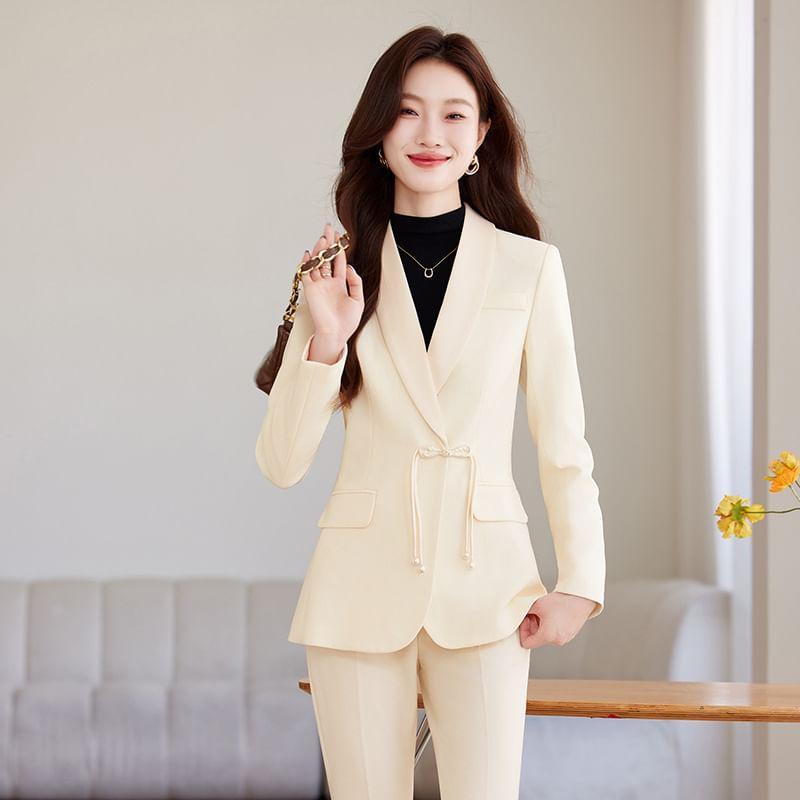 Shawl Lapel Plain Frog Button Blazer / High Rise Bootcut Dress Pants / Set Product Image