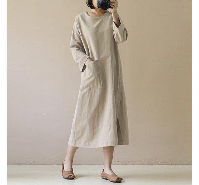 Long-Sleeve Crew Neck Plain Midi A-Line Dress Product Image